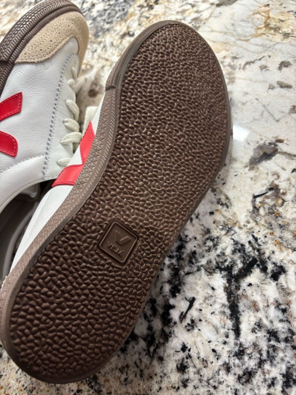 Veja Low-Top Leather Sneakers in White with V and Red Heel Tab Beige Suede - Picture 6 of 10